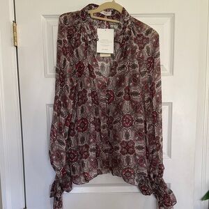 New w/tags Sheer Ramy Brook Paisley Tie-Sleeve Blouse - Red